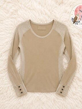 Oli & Hali Shirt Women’s Size Large ~ Beige Long Sleeve Fall Mixed Fabric Layers